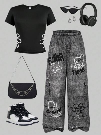 SHEIN ChillGRL 2 buc/set de vară pentru adolescente, confortabil, sport, la modă, cu imprimeu floral, cu mânecă scurtă, top și pantaloni casual