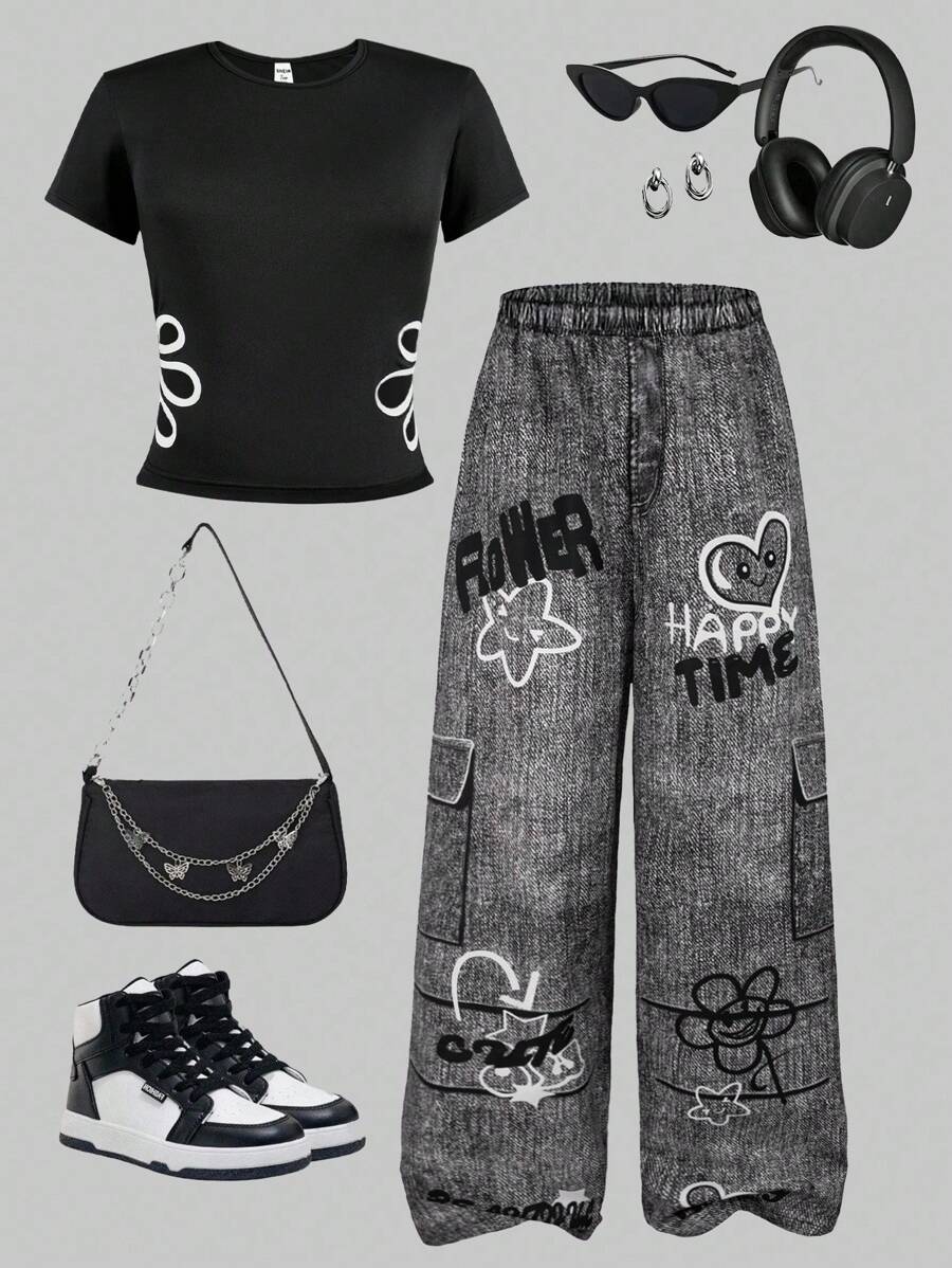 SHEIN ChillGRL 2件套青少年夏季舒适运动时尚花卉镂空短袖上衣和休闲裤套装