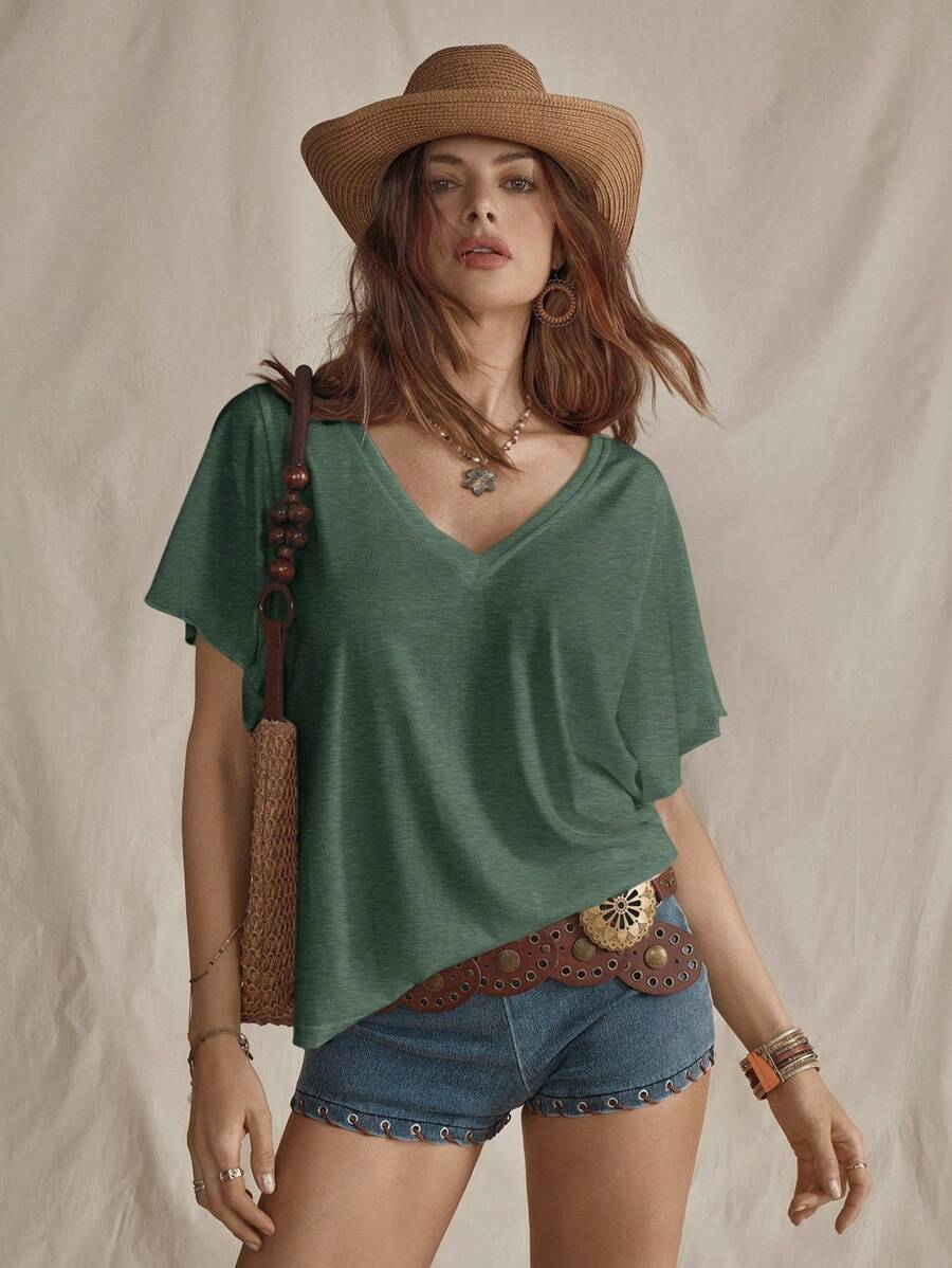 SHEIN LUNE Solid Butterfly Sleeve V Neck Tee - Dark Green - View 1