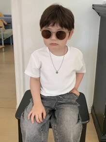Hapijoa 男婴夏季圆领纯色休闲街头风T恤 - 白色 - 查看 3