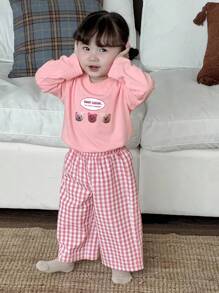 Dazy Kids 女婴卡通短袖休闲T恤和格子休闲裤睡衣套装，幼儿秋季服装 - 淺粉色 - 查看 3
