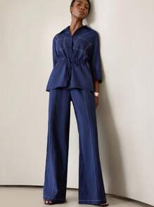 Aveloria Modichic 女士夏季两件套休闲宽松收腰设计 V 领 3/4 袖上衣搭配长裤套装 - 藏蓝色 - 查看 6