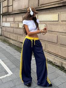 Coolane 男女夏季狂欢节街头运动休闲撞色条纹纹理装饰弹性腰带深蓝色和黄色阔腿运动裤 - 藏蓝色 - 查看 4