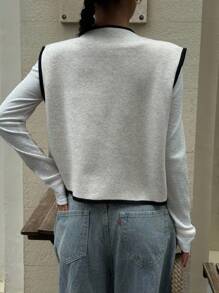 Siren Gaze 女士撞色镶边圆领休闲百搭短款针织背心，杏色针织开衫金属纽扣款针织背心外套，针织毛衣，秋冬四季皆宜 - 杏色 - 查看 2