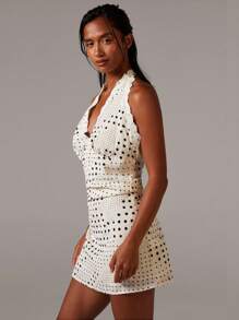 Athîral 波尔卡圆点印花蕾丝边迷你挂脖连衣裙，假日风格，Y2k 风格，性感，时尚女性，秋季