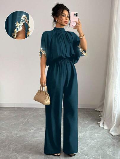 Lyxana Spring & Summer Latest Batwing Sleeve Black Design Sense Loose Elegant Elegant Gold Lace Women Jumpsuit
