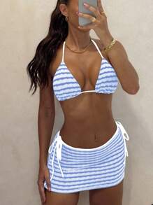 Swim SXY 3件套女士条纹蓝白撞色纹理面料细肩带露背上衣和系带侧泳裤海滩度假比基尼套装 - 藍色 - 查看 3