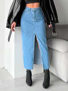 EURMUSE Split Thigh Denim Skirt - Blue - View 4