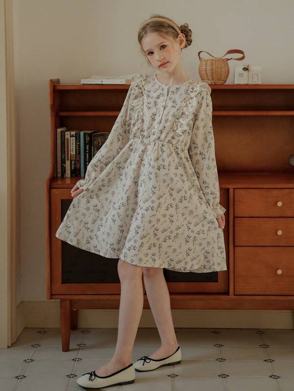 SHEIN Vintaside Kids Tween Girl Sweet Ditsy Rochie cu mânecă lungă florală