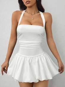 SHEIN PETITE Robe mini plissée à bulles ras-du-cou, volants à la taille et taille amincie en forme A