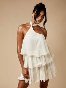 MISSGUIDED 层叠荷叶边迷你派对连衣裙，单肩挂脖设计，飘逸夏季婚礼宾客招待会特殊场合假日蜜月礼服 - 杏色 - 查看 1