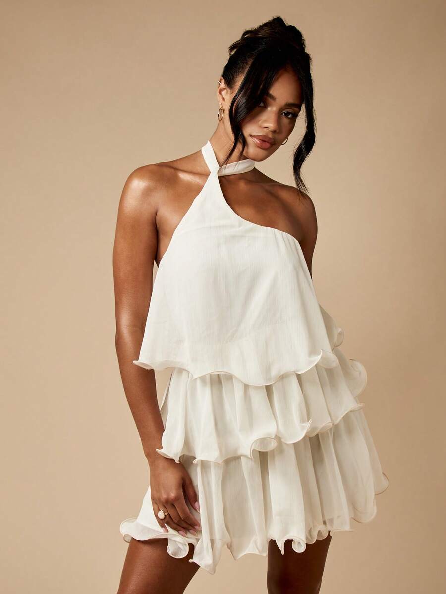 MISSGUIDED 层叠荷叶边迷你派对连衣裙，单肩挂脖设计，飘逸夏季婚礼宾客招待会特殊场合假日蜜月礼服 - 杏色 - 查看 1