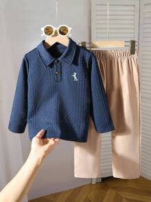 Souflis Souflis 2pcs Young Bo Fashion College Style Set, Children's Geometric Textured Knit Fabric Comfortable Long Sleeve Polo Sweatshirt With Embroidery Design And Elastic Waist Casual Pants, Loose Fit Suitable For Autumn Occasions Like Vacation And Daily Wear,Back To School Clothes,Homing Set