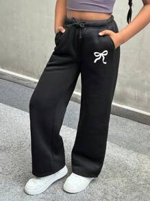 SHEIN 青少年女孩蝴蝶结印花黑色休闲运动裤，时尚百搭，宽松舒适，适合日常穿着的长裤 - 黑色 - 查看 6