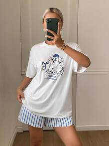 可爱卡通印花上衣和条纹短裤女士睡衣套装 - 白色 - 查看 4