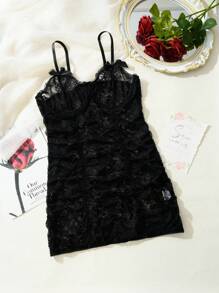 SHEIN Camisón ajustado con volantes y decoración de lazo de encaje para mujer - Negro - Ver 6