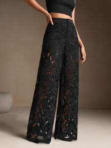Anewsta Pantalones rectos sin estiramiento casuales y elegantes para mujer con diseño calado - Negro - Ver 5