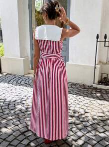 Serisse 复古连衣裙！女士优雅红白条纹无袖长裙 - 2025年秋季最新款教师装 | A字腰长裙，度假、约会、下午茶、通勤和日常穿着的完美之选 | 条纹太阳裙，女士秋季必备单品，返校和机场装扮 | 复古风，端庄大方 | 秋季女装，秋装 - 紅白色 - 查看 3