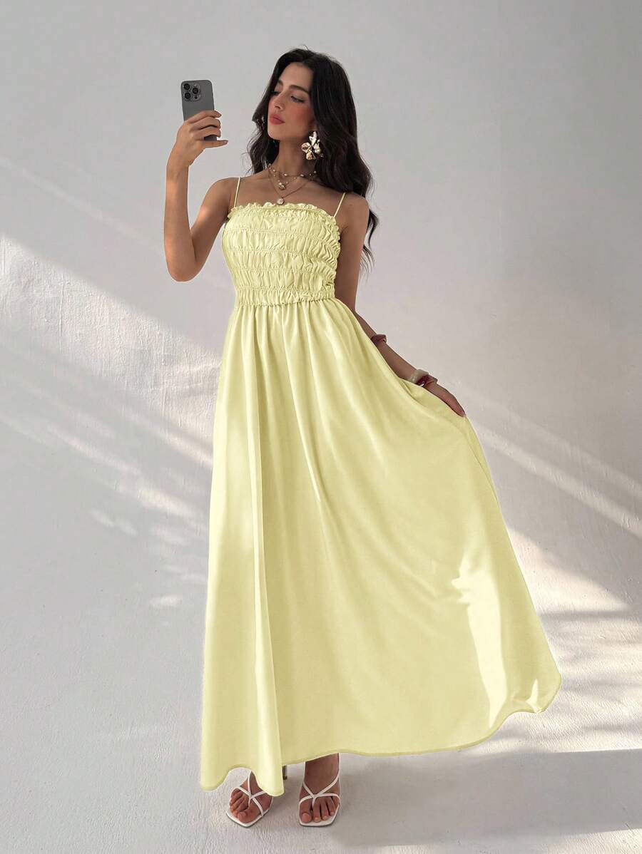 Aloruh Women's Solid Color Frill Trim Maxi Spaghetti Strap Dress, Vacation Style - Light Yellow - View 1