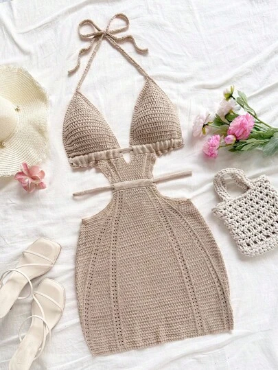 Soleia Nuevo diseño de vestido mini elegante de resort blanco con espalda descubierta y cordones, cuello de halter