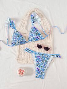 Swim Mod Conjunto de bikini triangular estampado simple para mujer - Multicolor - Ver 3