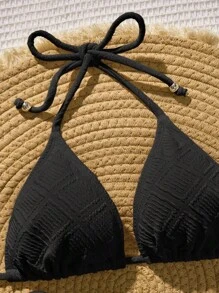 Swim Vcay 女士夏季沙滩纯色露背系带性感比基尼两件套泳衣套装 - 黑色 - 查看 4