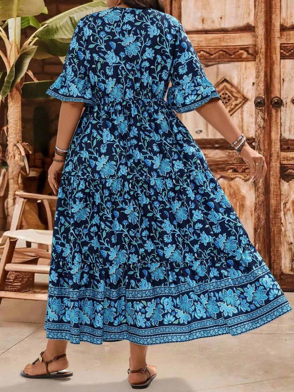 Plus Size Women's Navy Blue Floral Print V-Neck Tiered Ruffle Sleeve Long Maxi Dress,Summer Boho Vacation Holiday Flowy Style Summer Dresses