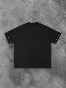 ROMWE MEN Street Life Black Round Neck Short Sleeve Rap Punk Rhinestone Streetwear Style T-Shirt For Men - Black - View 2