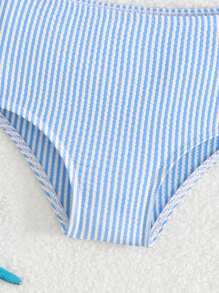 SHEIN Baby Girls' Simple Stripe Two-Piece Bikini Set, Ruffled Strap Swimsuit, Refreshing Summer Style - Multicolor - View 4