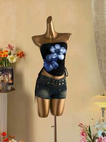 Attitoon Atasan Tube Top Wanita dengan Detail Kerut dan Ikatan di Depan, Motif Bunga, Gaya Liburan Pantai Goth, Cocok untuk Pergi Keluar - MultiWarna - View 4
