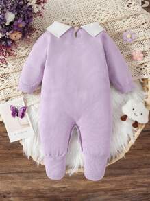 SHEIN 女婴高领针织连体衣，长袖，连脚，秋冬季温暖舒适，手工编织蝴蝶结设计，优雅时尚，适合日常穿着、居家、外出和旅行，黄色和浅黄色 - 紫色 - 查看 2