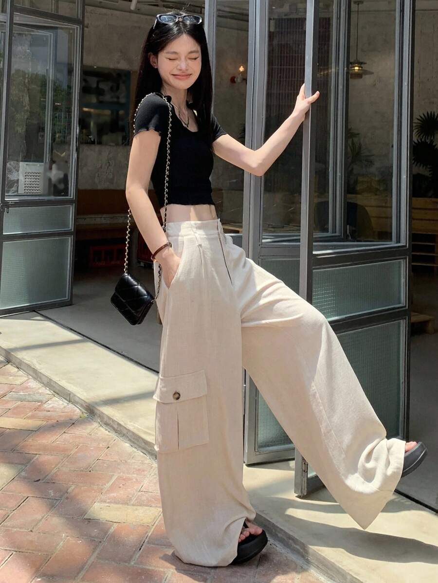 DAZY Women's Casual Solid Color Wide Leg Cargo Pants - Apricot - View 1