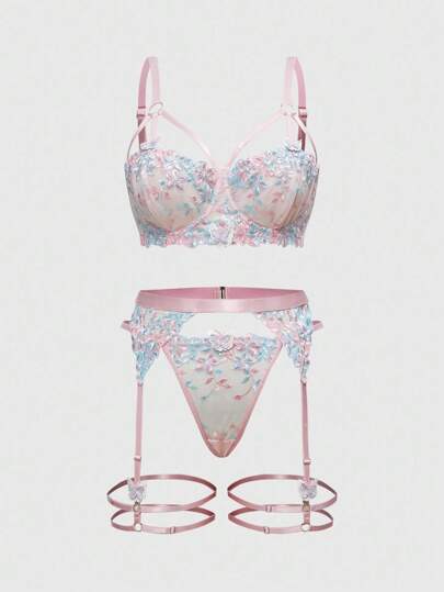 Fairycore Fairycore Embroidered Floral & Butterfly Plus Size Women 3pcs Lingerie Set, Sexy