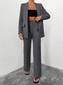 EURMUSE Women's Solid Color Blazer & Pants Suit Set - Dark Grey - View 5