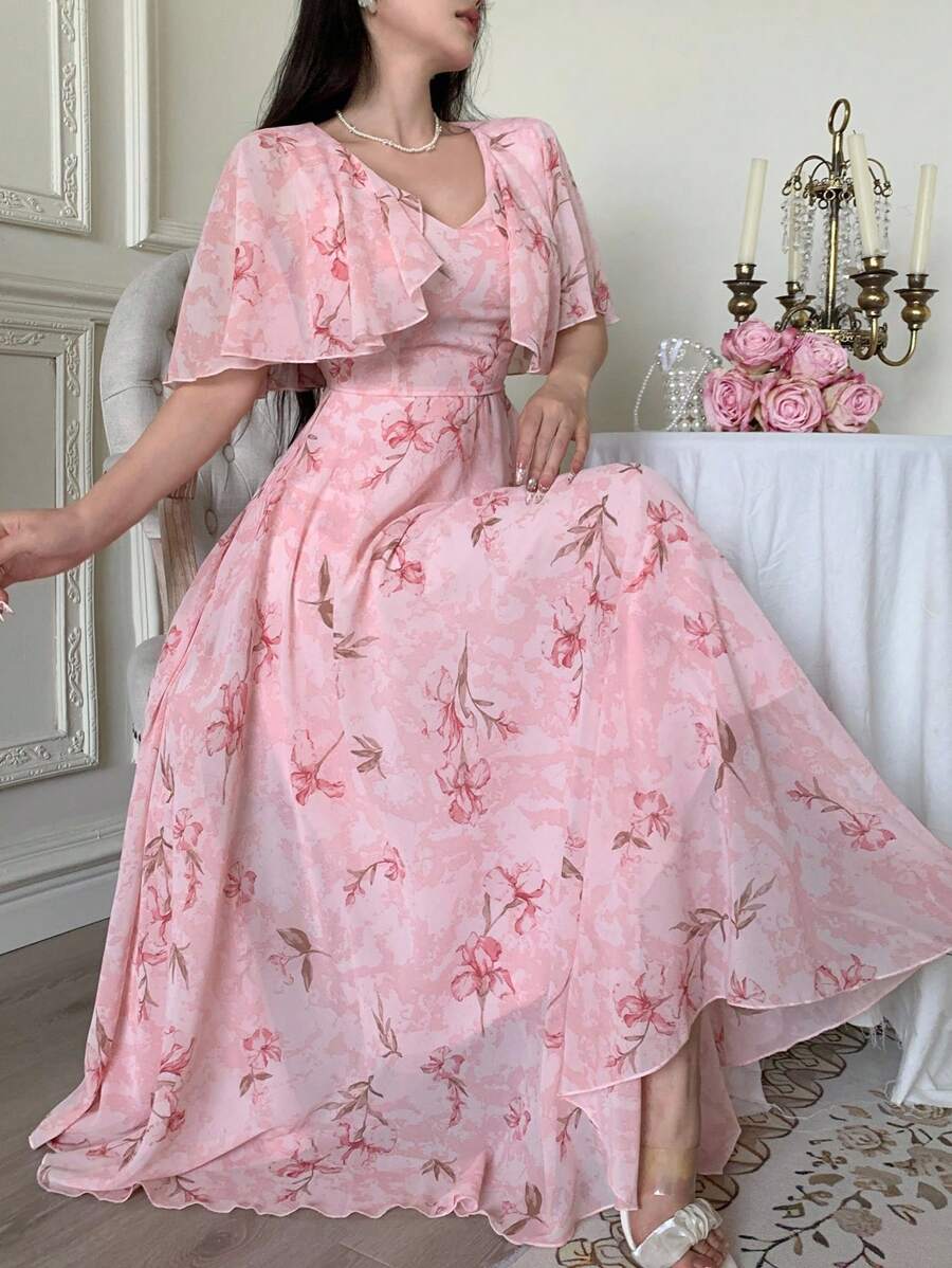 Modelyn Women's V-Neck Cape Design Floral Print Chiffon Waist Flared Dress - Pink - View 1