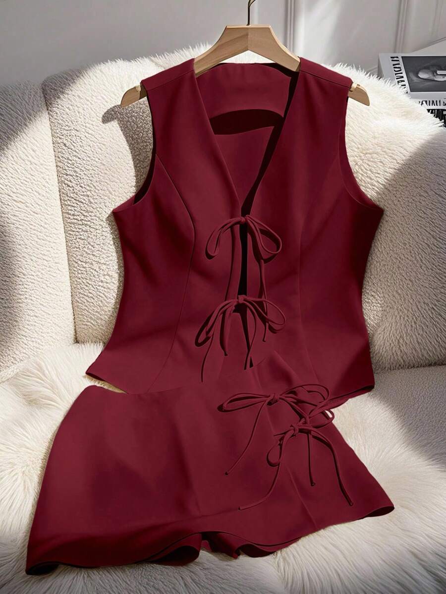 Franclia 2pcs/Set Women's Solid Tie-Front Shirt And Shorts Set, Summer - Burgundy - View 1