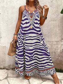 Breezaya 大码女式豹纹宽松吊带长裙，夏季 - 紫色 - 查看 7