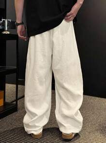 Claim Dot 男士宽松直筒阔腿亚麻抽绳腰休闲裤，宽松裤，秋季 - 杏色 - 查看 2