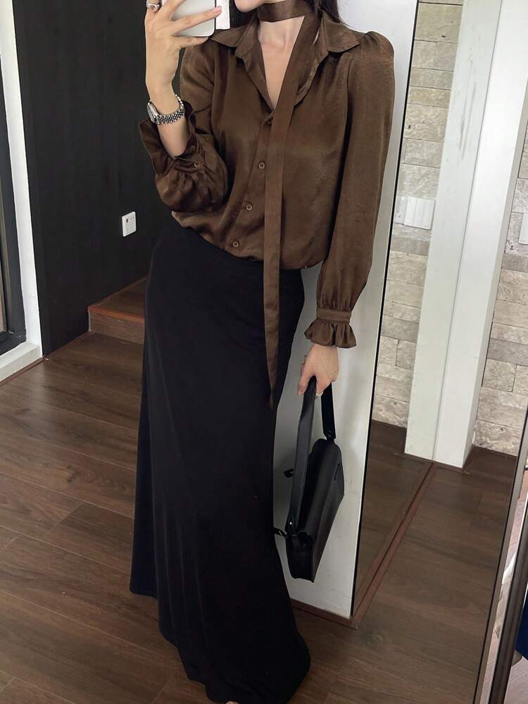 Elegant French Luxury Minimalist Solid Color Shirt Long Sleeve Top