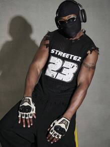 PAVTROS Manfinity Streetrush Men's Casual Street Stylish Number & Letter Graphic Raw Edge Knitted Vest, Summer Back To School - Black - View 1