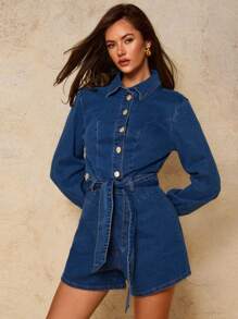 COSMINA 女式长袖腰带牛仔连体衣，复古款，秋季女装秋冬，商务休闲女装，Y2k 女装，西部女装 - 藍色 - 查看 4