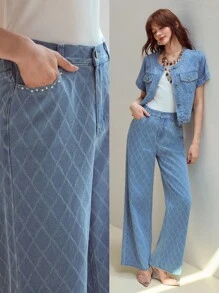 MOTF STUDIO 菱形花纹仿珍珠与水钻细节阔腿牛仔裤