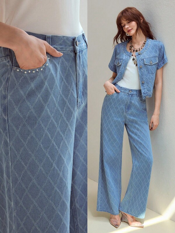 MOTF STUDIO ARGYLE PATTERN FAUX PEARL AND RHINESTONE DETAIL WIDE LEG JEANS