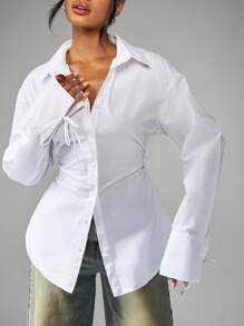 MISSGUIDED Classic White Button Down Office Blouse Professional Ruched Waist Tie Cuff Work Business Formal Collar Long Sleeve Smart Casual Career Top - White - View 5