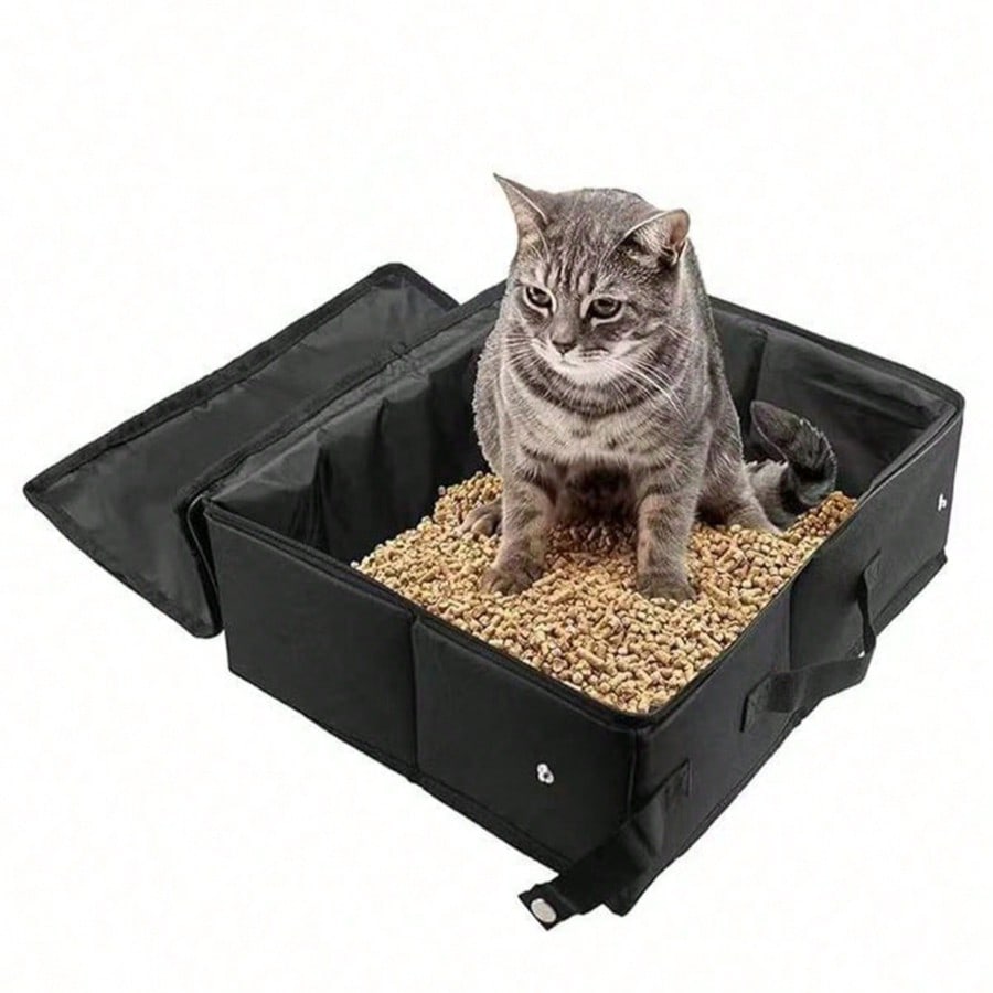Caja de arena plegable y portátil para gatos con tapa, asa y bandeja de arena, esencial para viajes y mascotas, ligera y adecuada para gatos y gatito