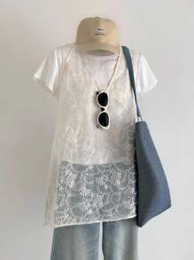 Jouncy 2pcs Set French Elegant Crochet Short Sleeve Top And Sheer Overlay Dress - Apricot - View 3