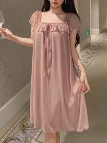 DAZY 可爱轻盈荷叶边网眼女士睡袍睡衣 - 淺粉色 - 查看 6