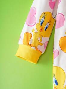 LOONEY TUNES X SHEIN 女宝宝卡通粉色爱心图案可爱连体衣，秋冬款 - 黃色 - 查看 4