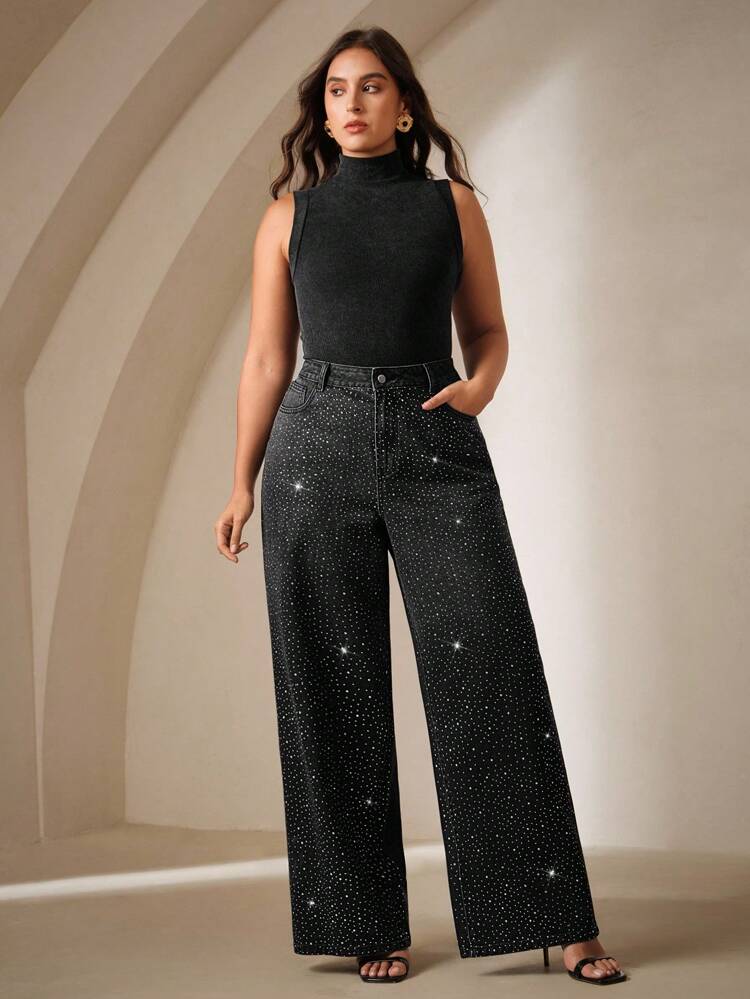 Plus Size Women's Fashion Rhinestone Embellished Wide Leg Jeans