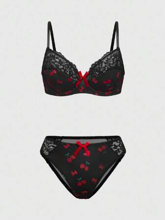 Kawaii Ensemble de lingerie avec soutien-gorge à armatures et string en dentelle à motif de cerises